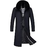 SOMTHRON Men's Wool Blend Trench Coat Faux Fur Collar Fleece Lined Single Breasted Jacket Winter Pea Coat Overcoat