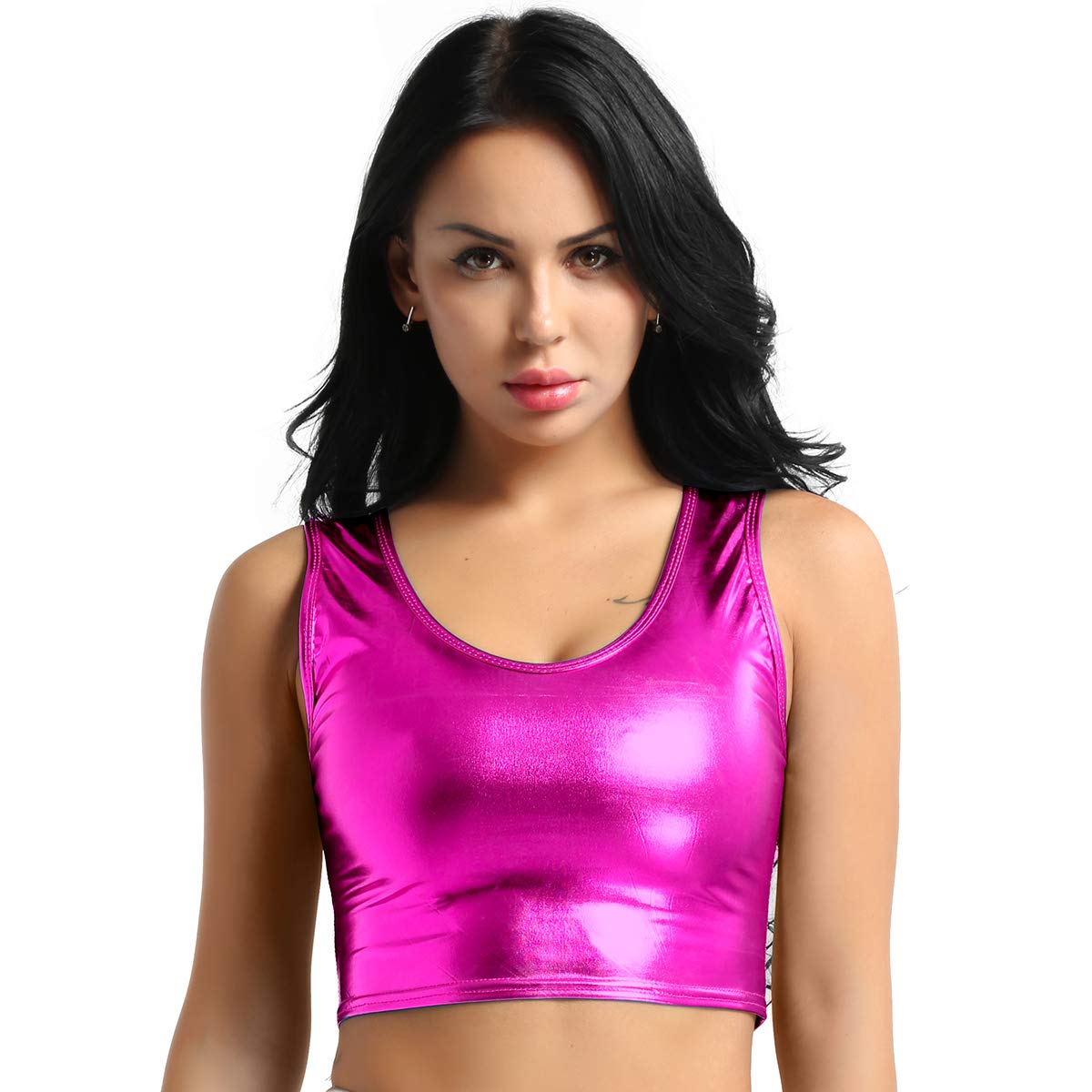 FEESHOW Womens Metallic Shiny PVC Leather Crop Tops Scoop Neck Sleeveless Blouse Top Shirts Rose One Size