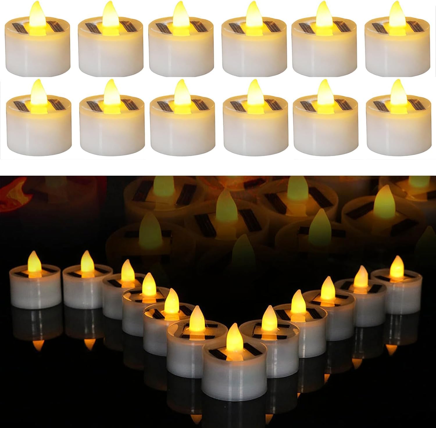 YUNYODA LED Tealights Candles, 12 Pack Flameless Flickering Solar Tea Lights Outdoor Decorations, Waterproof Auto On/Off Solar Candles for Garden Yard Votive Wedding Halloween, Warm White