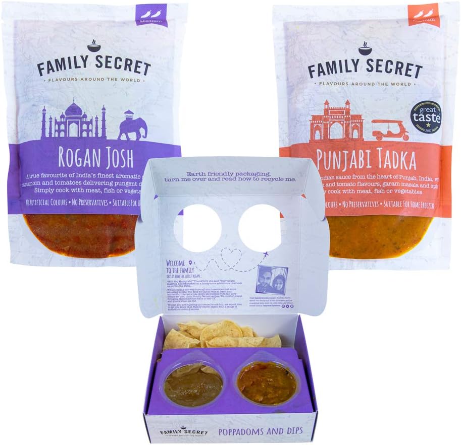Family Secret Indian Sauce & Poppadom Bundle Rogan Josh, Punjabi