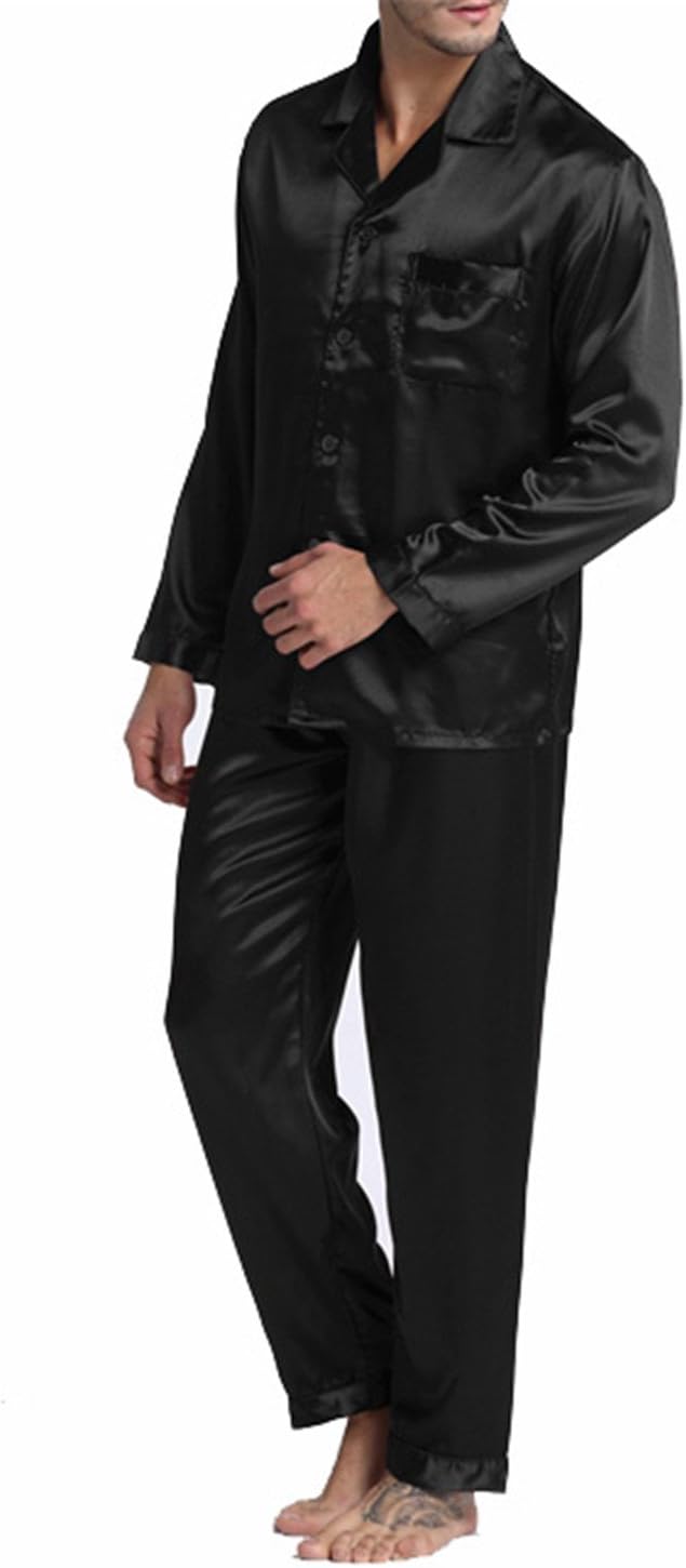 Susan1999 Men's Stain Silk Pajama Set Pajamas Sleepwear Sexy Soft Cozy Satin Nightgown Summer Black L