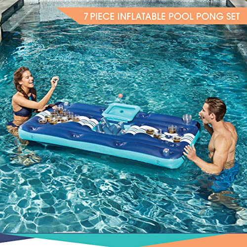 Wembley Inflatable 7 Piece Pool Beer Pong Set Raft Float with Drinks Cooler for Summer Parties, Outdoor Play, Beach, Camping, Road Trips, Vacation, and More