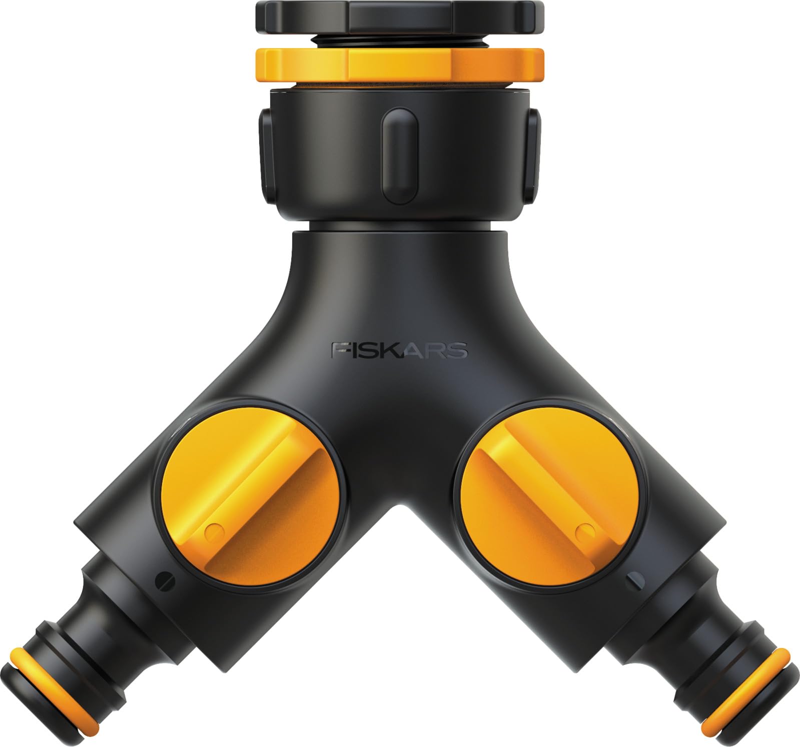 Fiskars 2-way valve Multi, With on/off valve, For three thread sizes Ø 21 mm (1/2"), Ø 26.5 mm (3/4") and Ø 33.3 mm (1"), 85 g, black/orange, 1027061