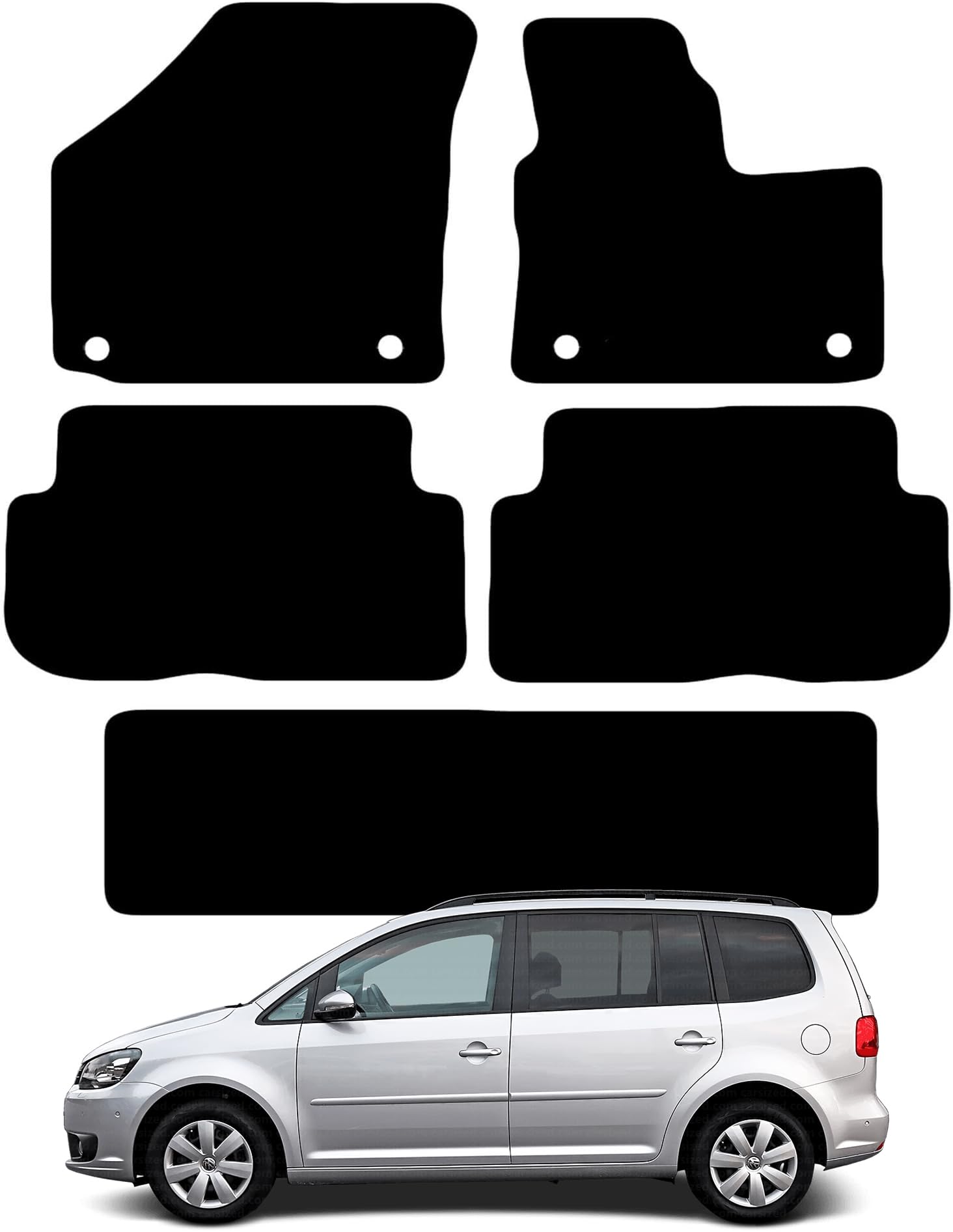 Carsio Carpet Car Mats For VW Touran 7 Seater 2006 2015 5 Piece Set Tailored Fit Floor Mat Complete Accessory Black Custom Fitted - All Weather, Anti-Slip Backing & Black Trim