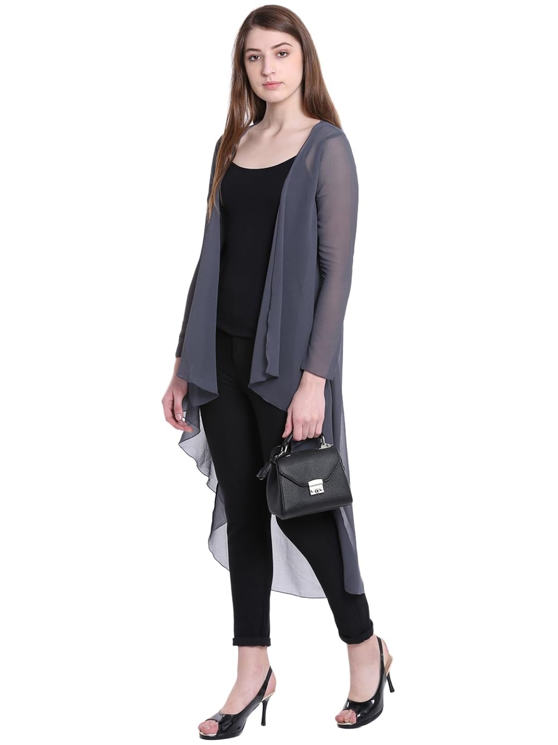 gj couture women's georgette grey solid full sleeves regular shrug