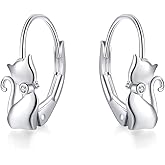 Cat Gifts Earrings Sterling Silver Cute Small Animal Cats Dangle Leverback Jewelry Gifts for women cat Lovers