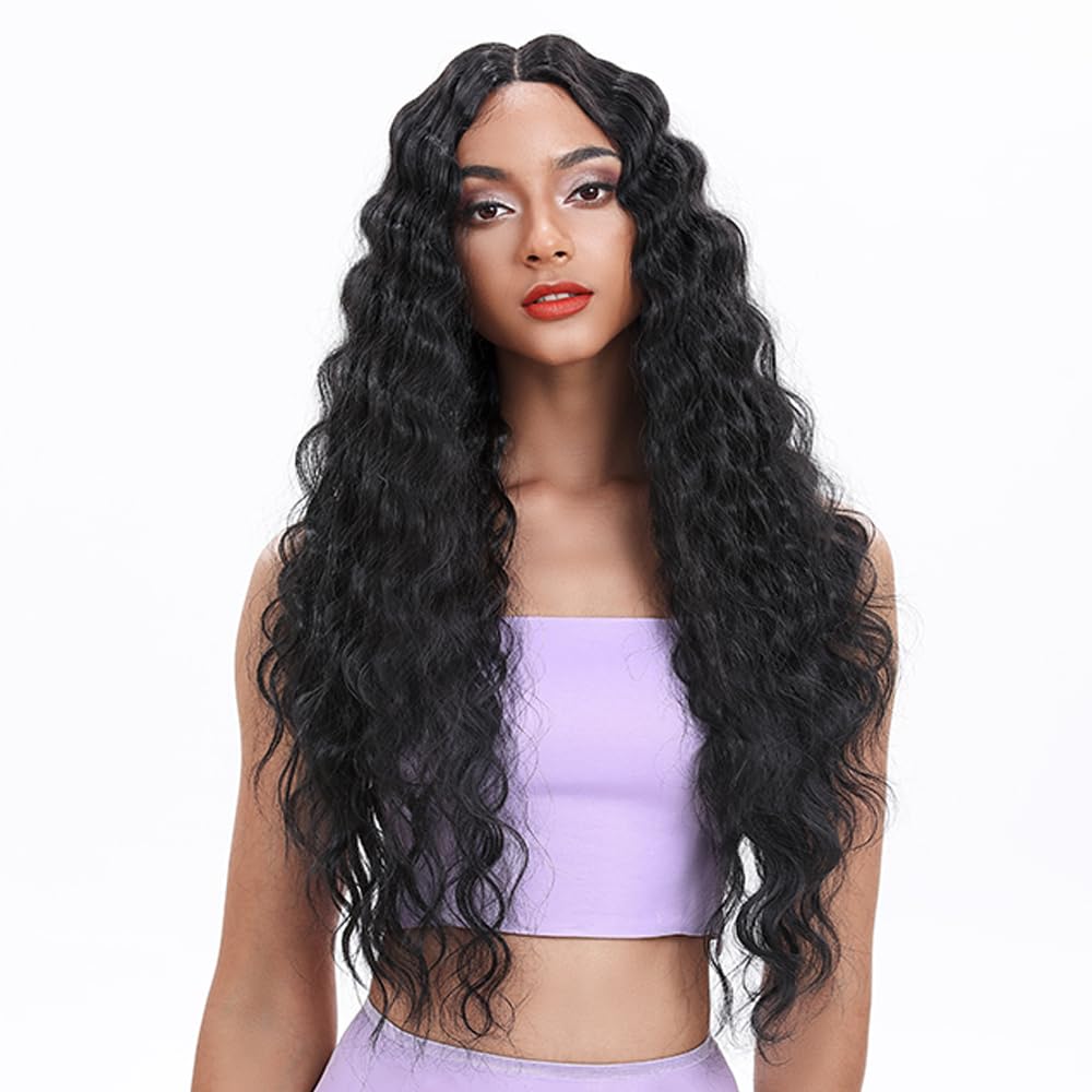 FASHION IDOL Centre-parted Lace Front Curly Wig for Women and Girls 26 Inches Ready-to-Wear for Daily Use (Natural Black, 30 Inches)