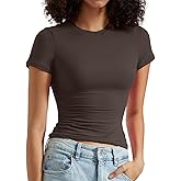 OMKAGI Double Lined Slim Fit T Shirts for Women Short Sleeve Crew Neck Crop Top