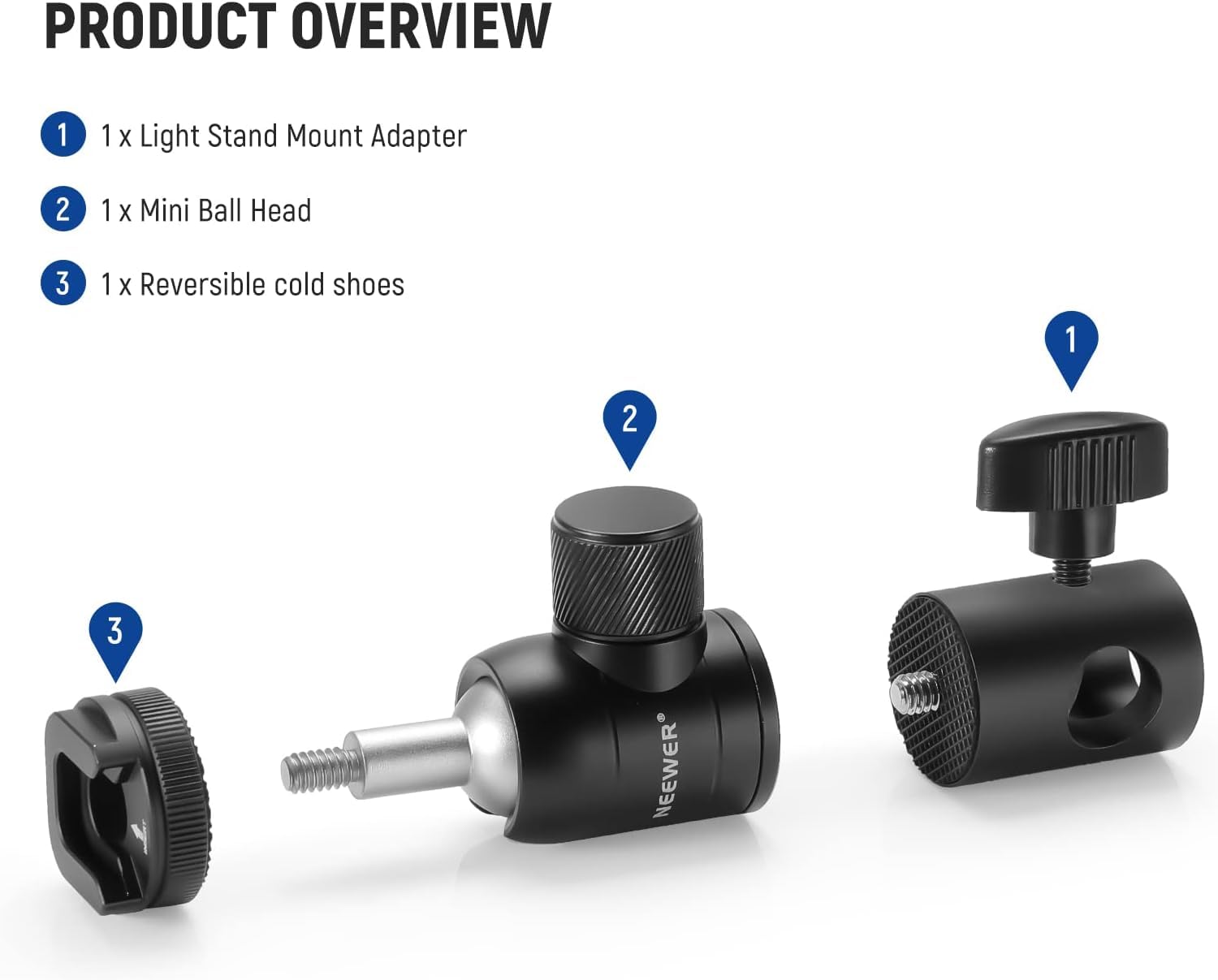 NEEWER Light Stand Mount Adapter with Cold Shoe and 1/4” Screw Mini Ball Head, Reversible Mounting Plate for Camera Monitor Ring Light, Fits Flat Head Light Stand/Boom arm/C Stand, Max. Load 22lb/10kg