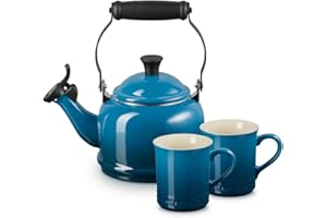 Le Creuset Enamel On Steel Demi Kettle & Stoneware Set of 2 Mugs, 1.25 qt. Kettle & (2) 14 oz. Mugs, Deep Teal