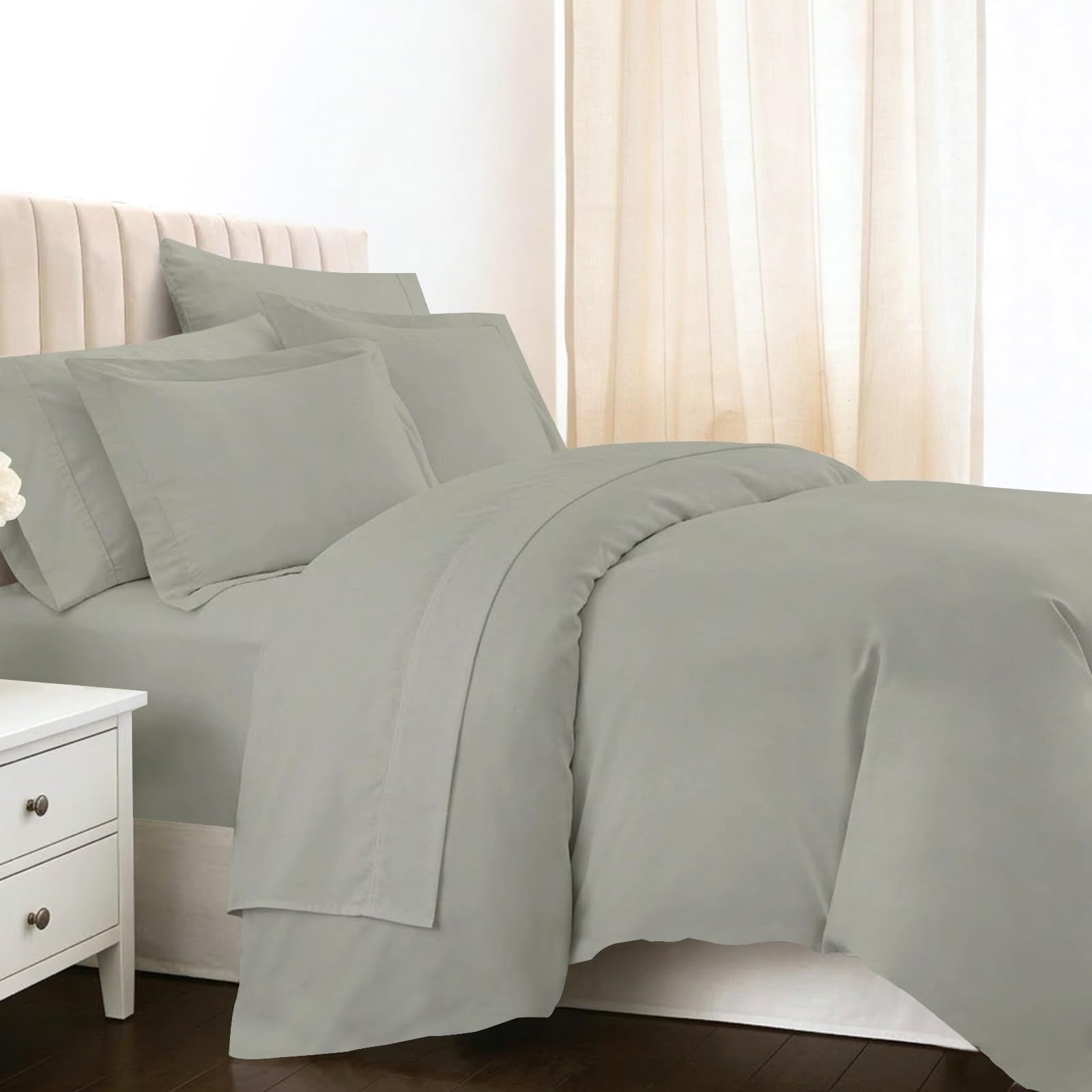 Pizuna Pure 100% Long-Staple Cotton Duvet Cover + Sheet Set King, Luxurious 400 Thread Count Long Staple Cotton, Soft Sateen Weave Bedding Set (Silver) Image