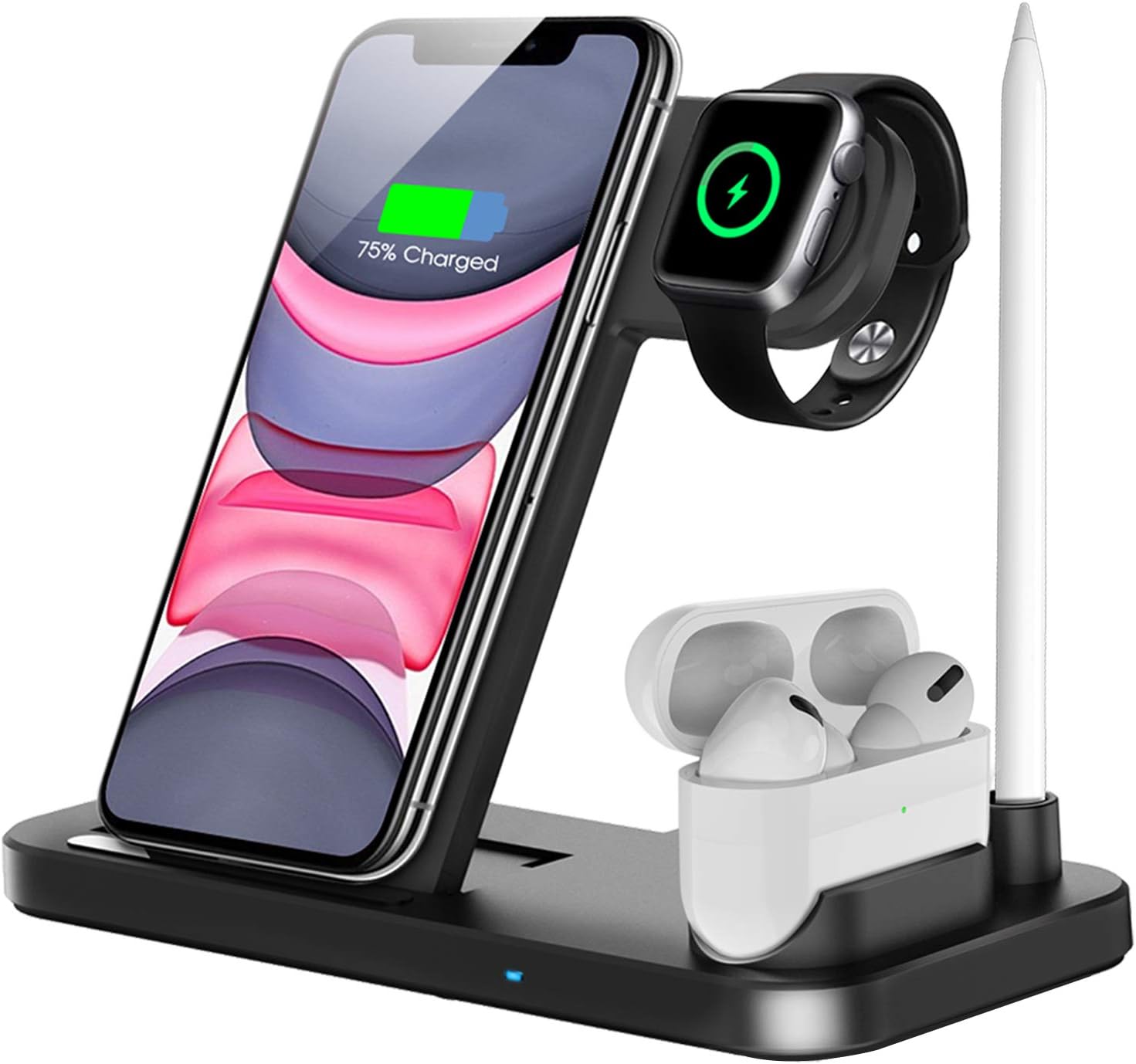 QI-EU Wireless Charger, 4 in 1 Qi-Certified Fast Charging Station Compatible Apple Watch Airpods Pro iPhone 12/11/11pro/X/XS/XR/Xs Max, Wireless Charging Stand Compatible with Smartphone (No Adapter)