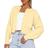 RUEWEY Women Y2k Crew Neck Button Down Long Sleeve Cropped Cardigan Knitted Sweater Light Jacket