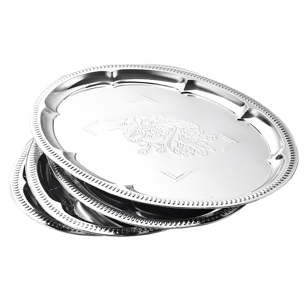 Photo 1 of 4-Pack 15.7" x 11.8" Large Silver Serving Trays for Party Set - Oval Floral Engraved Serving Platters, Wedding Birthday Mirror Tray for Christmas, Food, Appetizer, Charcuterie, Cookies, Desserts