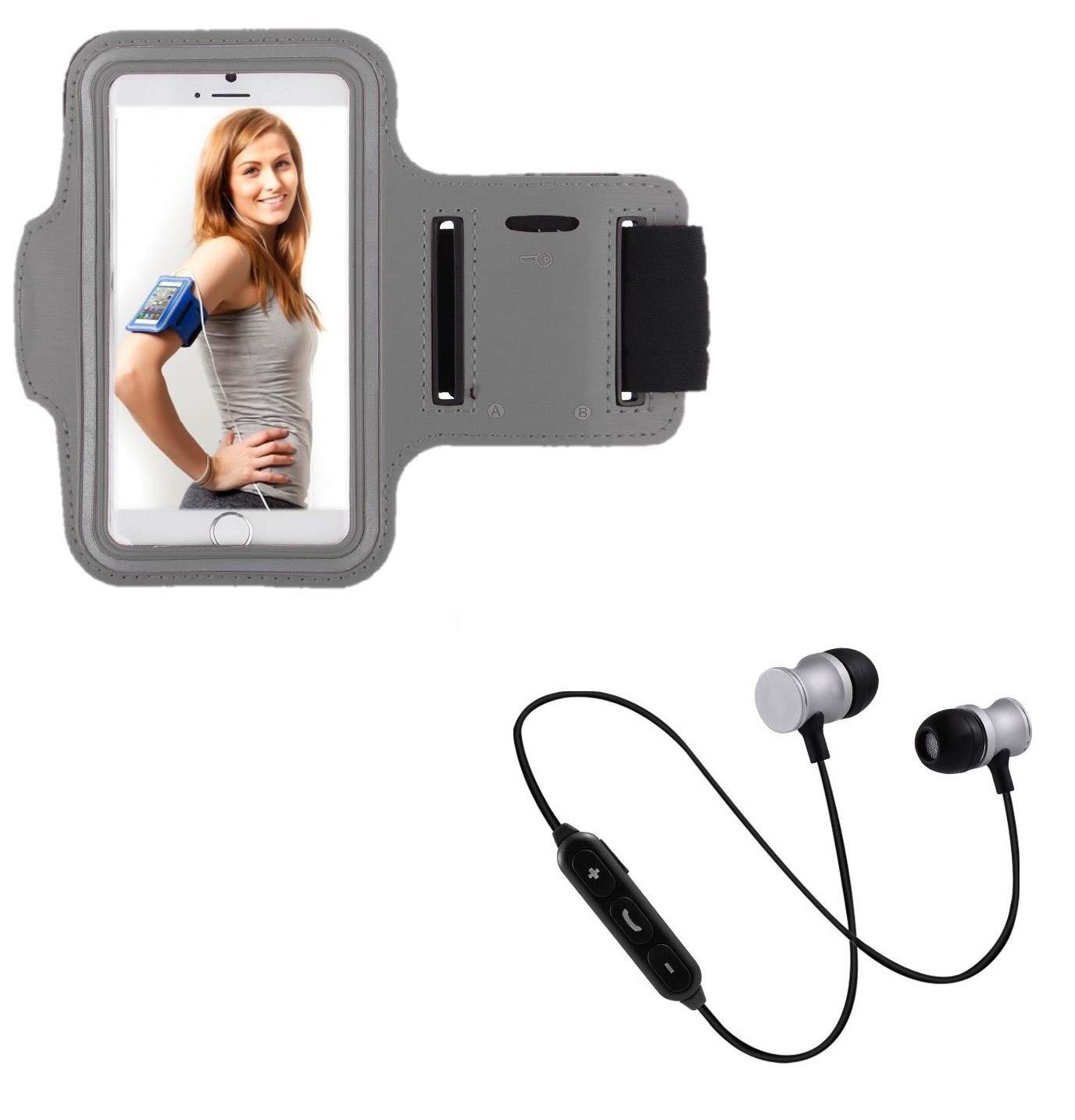 Sports Pack for iPhone 11 Smartphone (Bluetooth Headphones Metal + Armband) Running T6 (Silver)