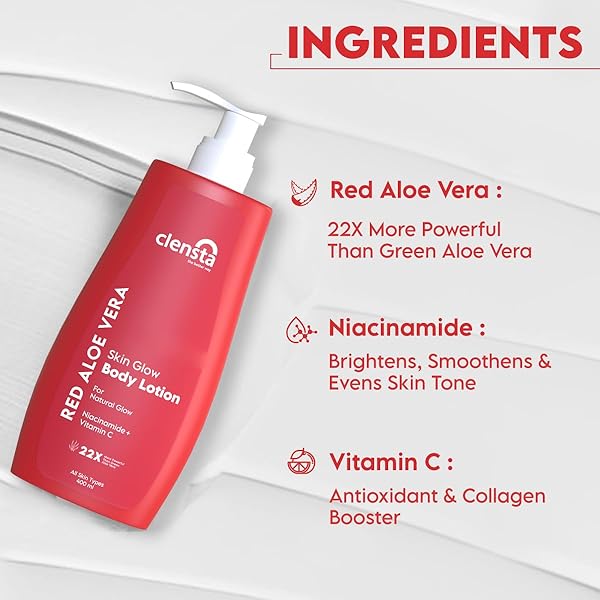 CLENSTA RED ALOE VERA SKIN GLOW BODY LOTION | WITH NIACINAMIDE & VITAMIN C | NATURAL MOISTURIZER FOR RADIANT SKIN | HYDRATING & ANTI AGING LOTION | 13.53 FL OZ (400ML)