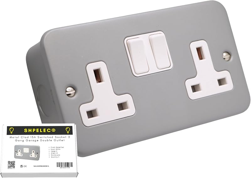 SHPELEC 13A Premium Switched Metal Clad Double Socket 2 Gang BS Standard