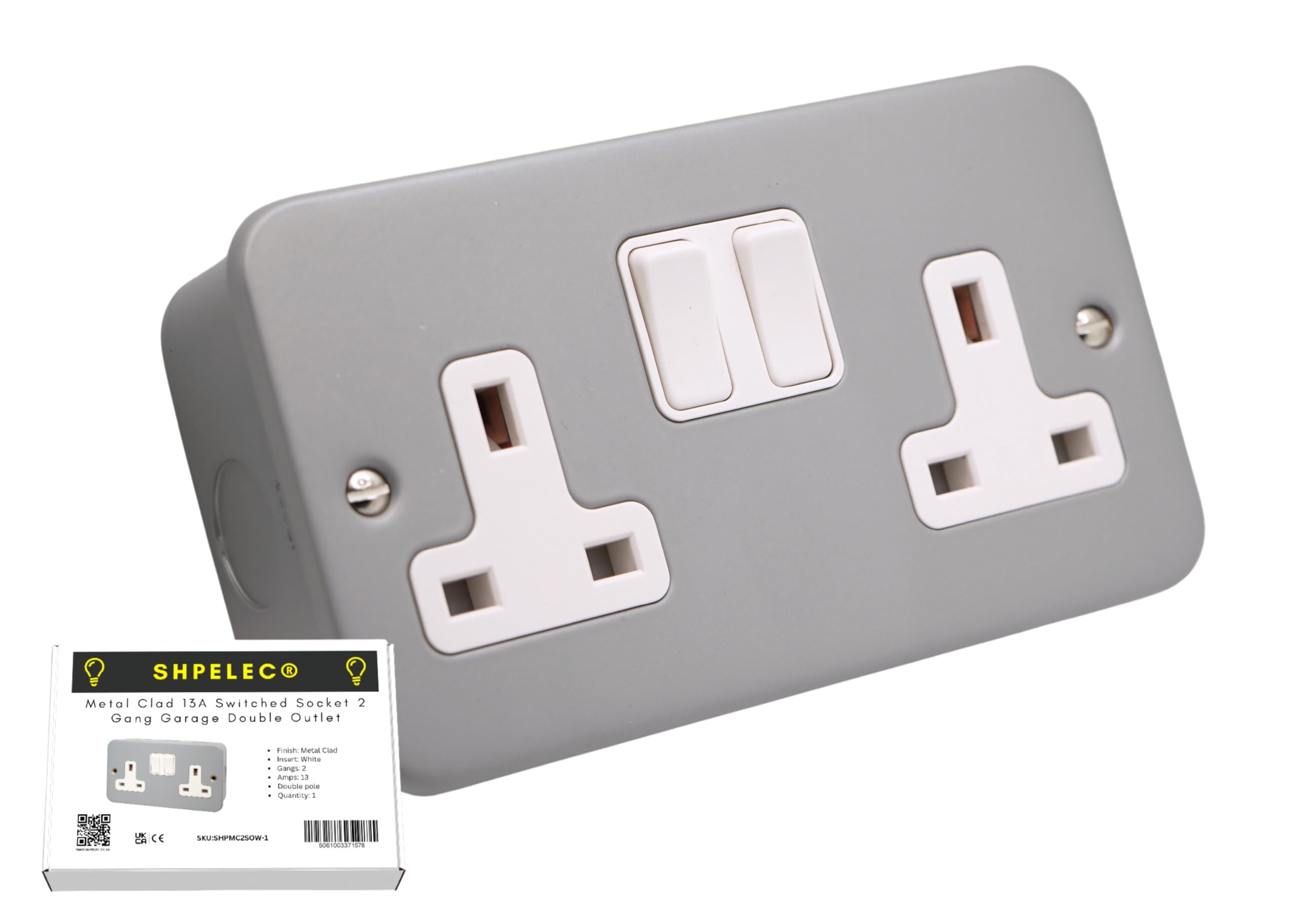 SHPELEC® 13A Premium Switched Metal Clad Double Sockets 2 Gang BS Standard - Available in 1, 2, and 3 Pack Variations (1)