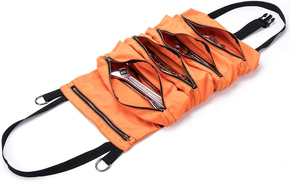 Super Tool Roll,Multi-Purpose Tool Roll Wrench Roll Big, Waxed Canvas Tool Organizer Bucket, Tool Roll Up Pouch, Handy Small Tools Tote Carrier (Orange)