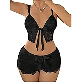 Floerns Women's Bow Tie Lace Crop Camisole V Neck Sleeveless Mesh Date Night Rave Concert Cami Tank Tops