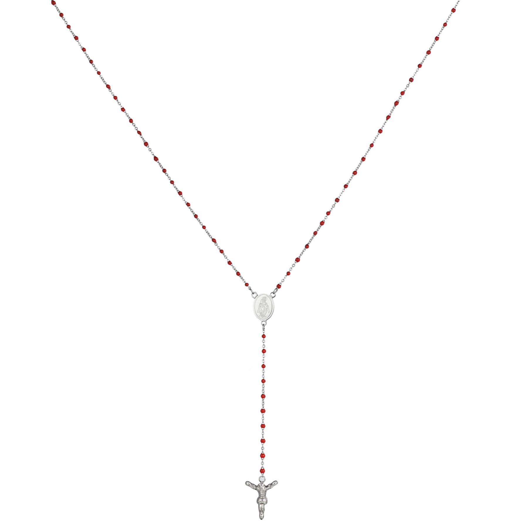 JewelryWe Rosary Bead Necklace Virgin Mary Medal Cross Crucifix Pendant Charm Stainless Steel Link Chain Necklace for Women