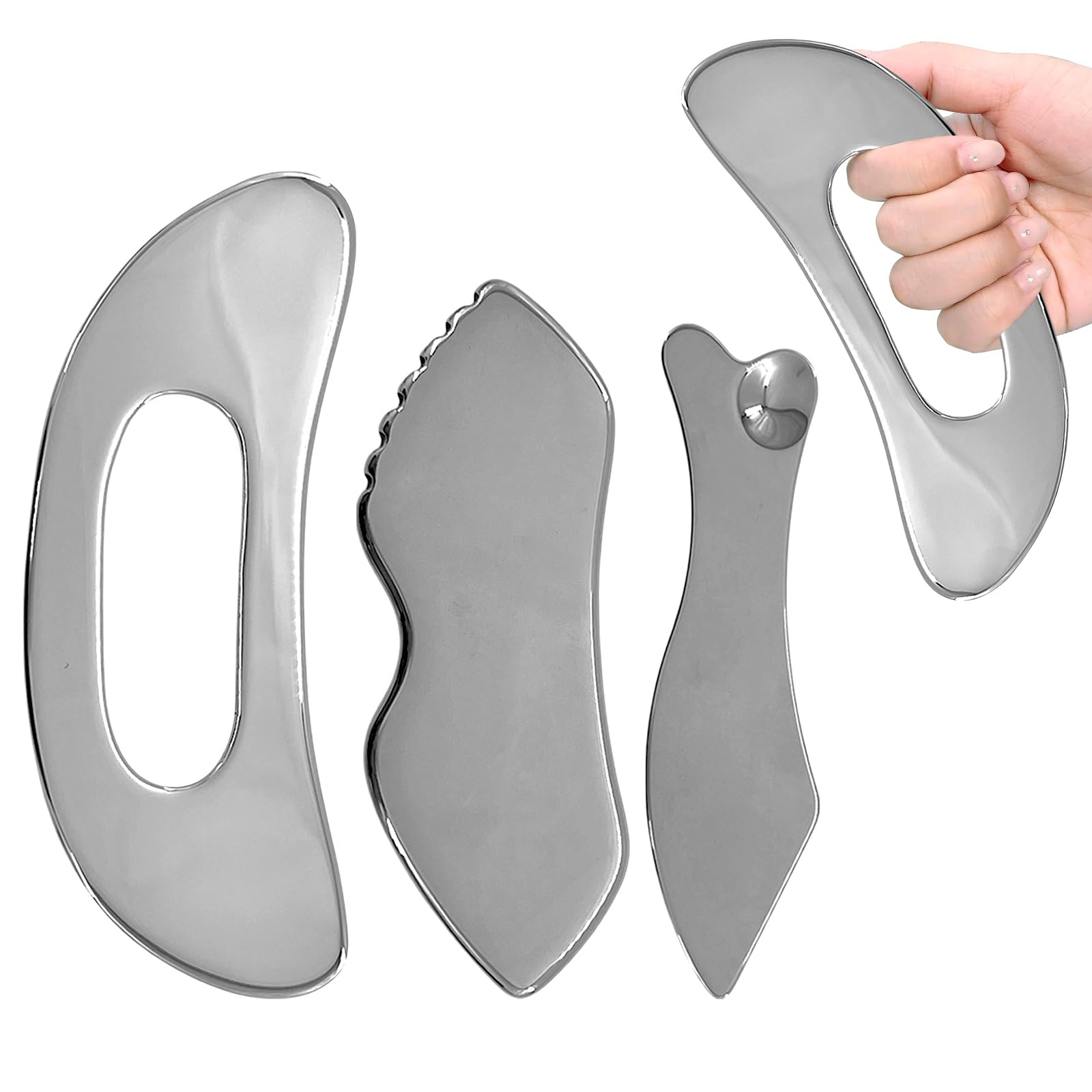 Photo 1 of KURTOPLLY 3 Pcs of Muscle Scraper Tool, Stainless Steel Body Gua Sha Tool, Three Shapes to Choose from, Improve Fatigue, Dredge Meridians, Suitable for Face, Back, Legs, Arms, Etc., Unisex