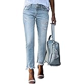 EVALESS Women's High Waisted Tummy Control Straight Ankle Ripped Jeans