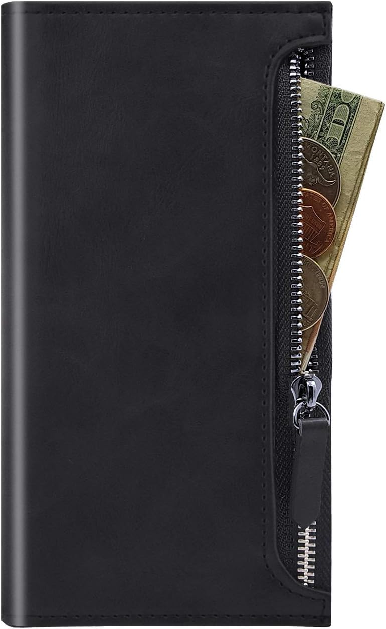 Qoosan Galaxy Note 10 Plus Zipper Wallet Case, Leather Flip Cover with Card Holder, Black
