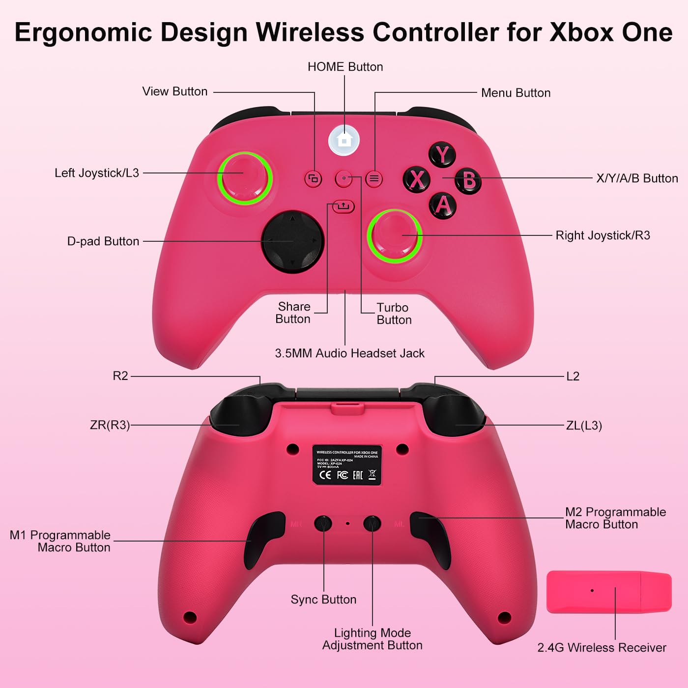 Xbox One Controller, RGB LED Light 2.4GHz Wireless Controller Compatible with Xbox One X/S Xbox Series X/S with 3.5mm Audio Headphone Jack & 800mAh Rechargeable Built-in Battery, Deep Pink