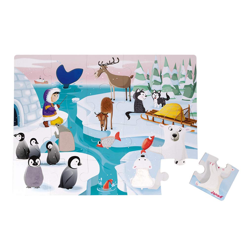 Janod - Children's Tactile Puzzle Life on the Ice Pack, 20 Pieces including 7 Textured - Educational and Sensory Game - Touch, Fine Motor Skills and Concentration - From 2 Years, J02773