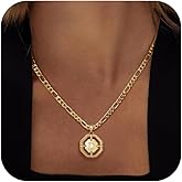 Initial Necklace for Women, 14k Gold Plated letter Necklace Dainty Gold Octagonal Necklace Figaro Chain Name Necklace Personalized Initial Octagonal Pendant Necklace for Women Trendy Gold Jewelry