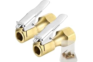 MEISO 2 Pcs Heavy Duty Brass Air Chucks, Closed Flow Straight Tire Chuck with Lock-on Clip, 1/4" Female NPT, Compatible with 