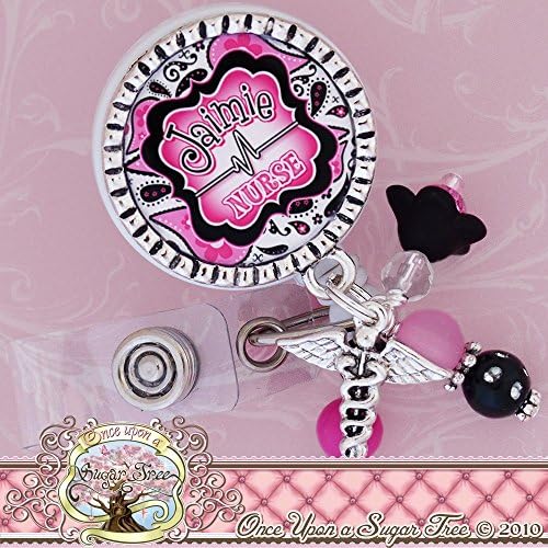 Paisley Badge Pull, EKG Tech Retractable Badge Holder, Nurse Id Badge Reel, Nursing Rn, NP, MD Telemetry, Pink, Black