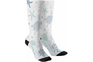 Womens Socks, Nautical Sea Turtle Starfish Conch Crew Socks Casual Soft Breathable Athletic Sock, Cozy Ankle Sock for Women