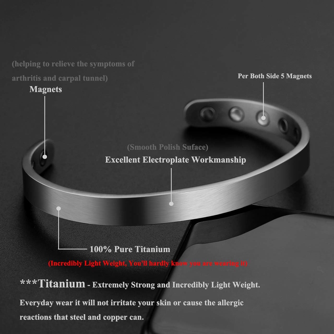 JOVIVI Titanium Magnetic Matte Plain Cuff Bangle Bracelets for Men Women Therapy, 8mm, Silver: Clothing