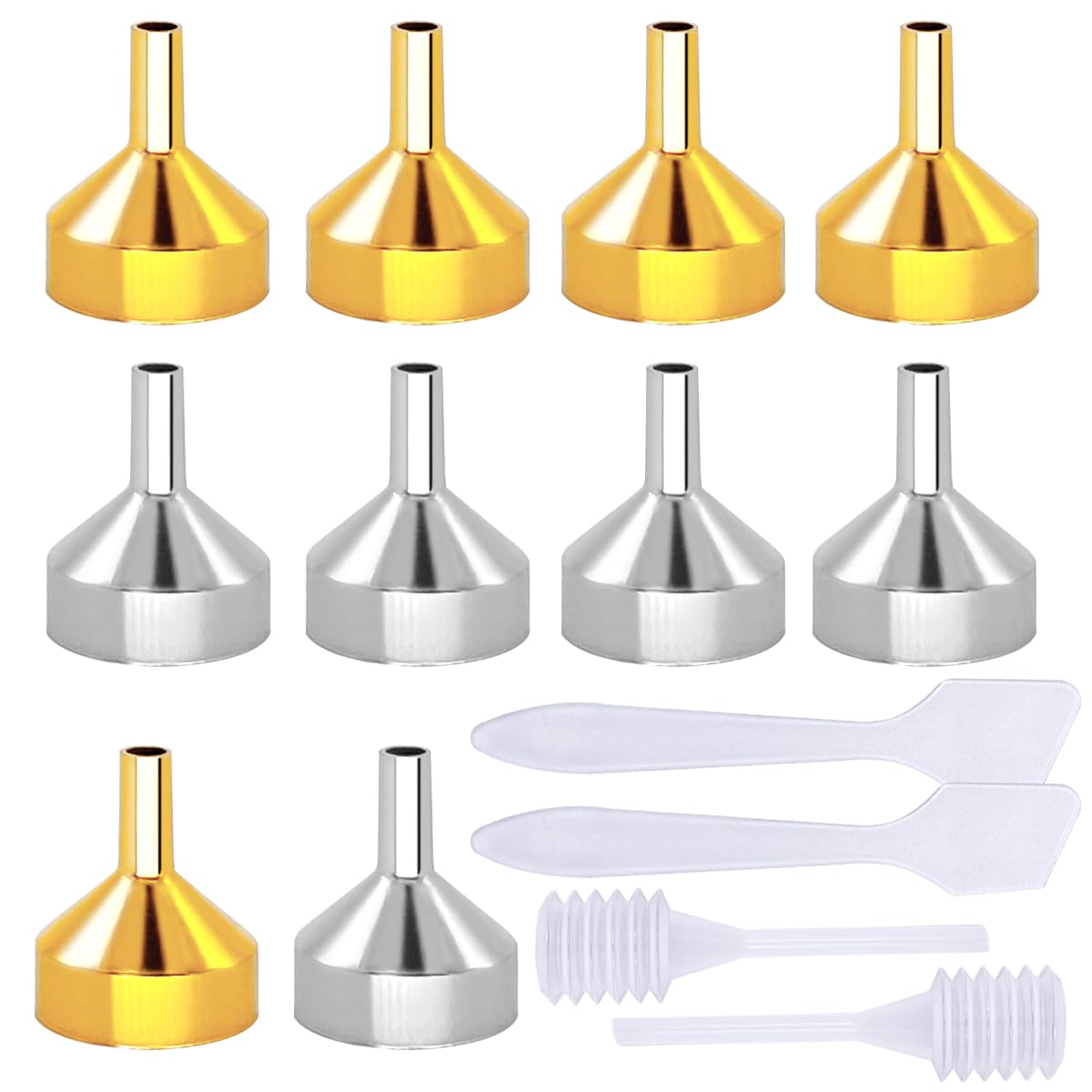 CKANDAY 10 Pack Metal Funnel with 2 Mini Pipette and 2 Spoon for Filling Small Atomizer Bottles Laboratory Lotion for Powders Essential Oils-Gold/Silver
