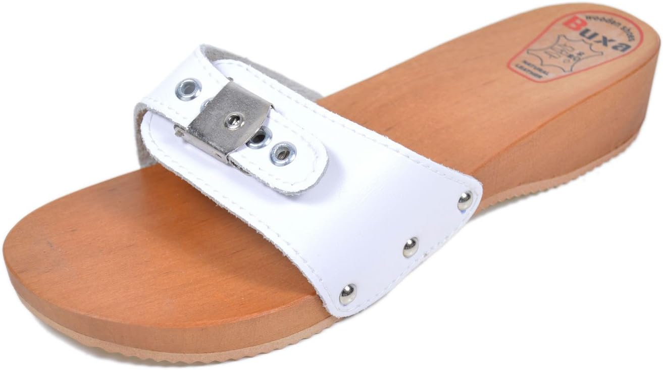 Ladies Natural Leather/Wooden Clog Sandals with Adjuster