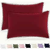 HommxJF Pom Poms Pillow Shams Standard Size Set of 2, Burgundy Decorative Pillowcases with Envelope Closure, Soft Microfiber Shams Cover with Pom Pom Trim, Wrinkle Resistant (20 x 26 Inches)