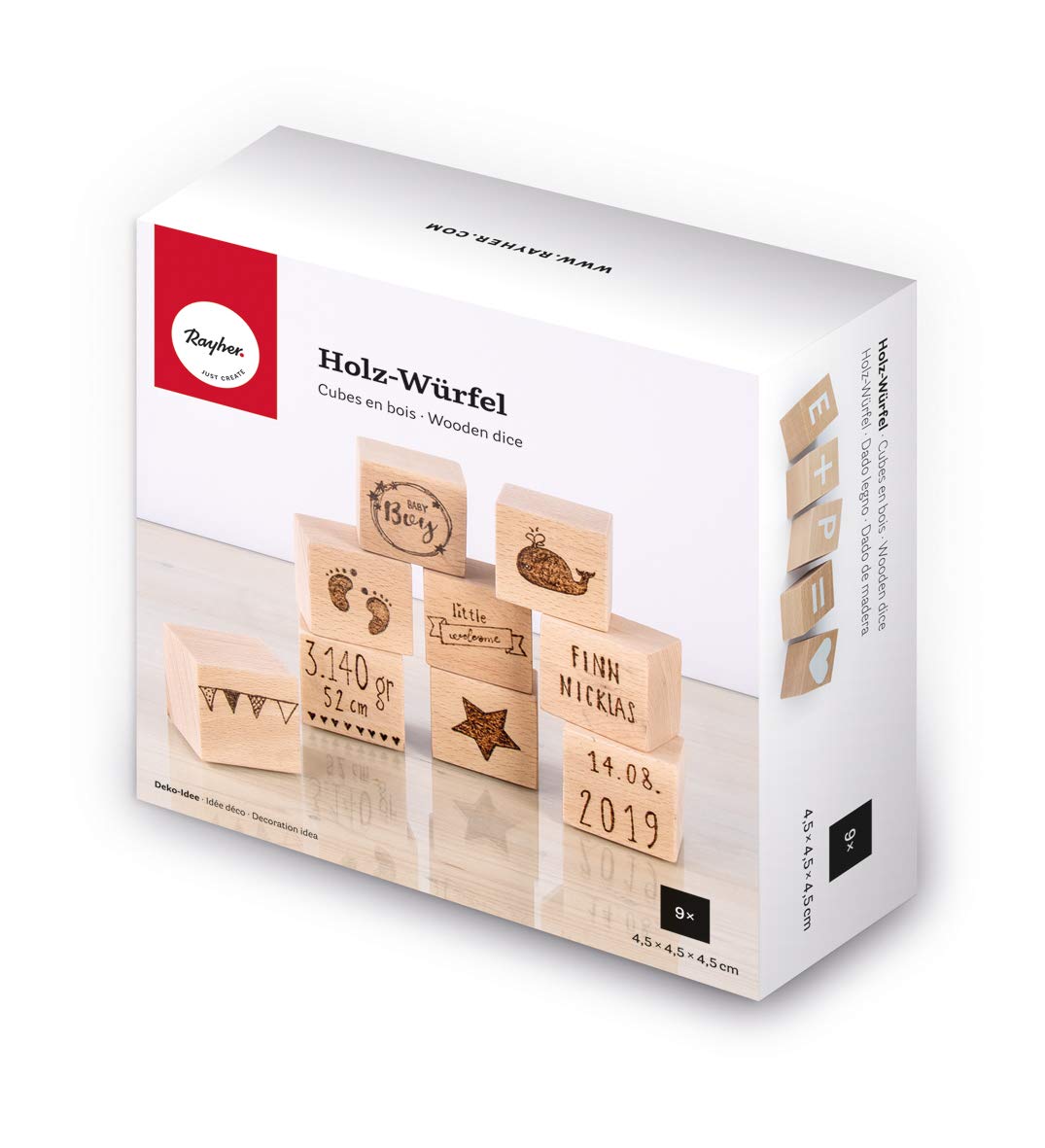 Rayher Set of 9 Solid Wood Blocks for Crafting and Home Décor, Wooden Building Blocks for DIY Educational Toys, natural wood, 4.5x4.5x4.5cm, 62960505