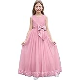 IDOPIP Flower Girl Dress Wedding Formal Pageant Dresses for Girls Long Maxi Sequin Tulle Bowknot Bridesmaid Communion Gown