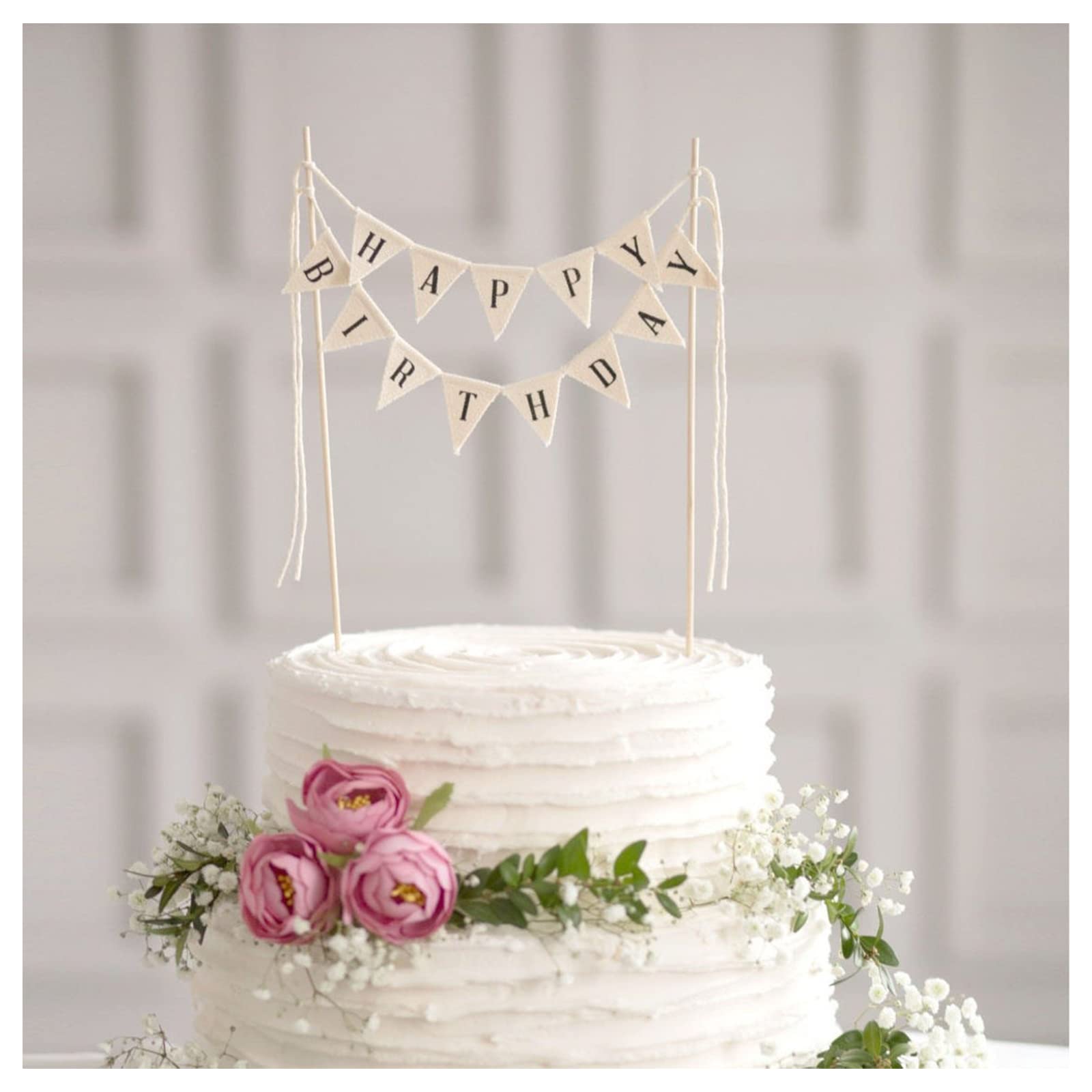 Happy Birthday Cake Bunting Topper Cake Topper Garland, Handmade Pennant Flags with Wood Pole Ivory (Without Pink Rose)