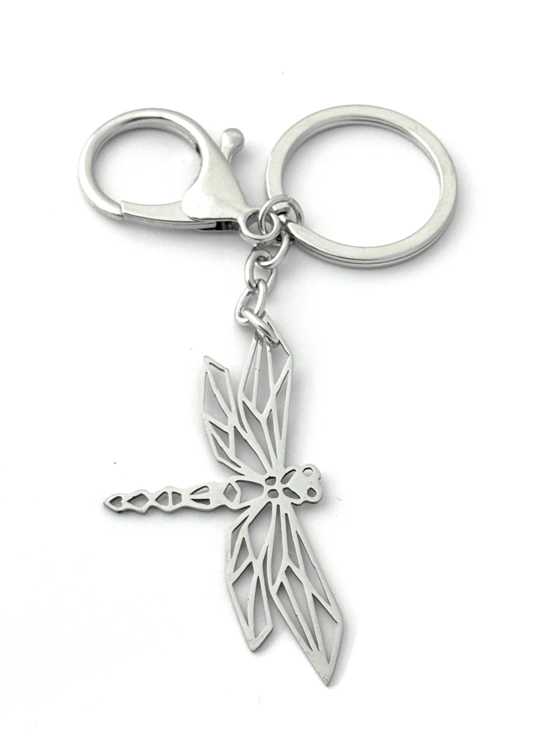 FizzyButton Gifts Dragonfly Silver Tone Keyring Key Ring and Lobster Clasp with Stainless Steel Origami Style Charm