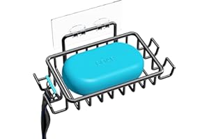 Nieifi Soap Dish Holder with 4 Hooks Stainless Steel Black Adhesive for Shower,Bathroom