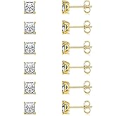 Stud Earring Set for Women Men 18K Yellow/White Gold Plated Princess Cut 4 Prong Graduated Square Clear Cubic Zirconia Pakc of 6 Pairs 3-7mm