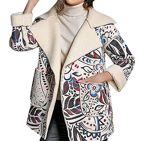 Maze, Women's Floral Drawing Print Faux Shearling Lined Notch Collar Boxy Coat, BeigeWinterCoat XS ,Manufacturer(S)