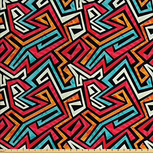 Lunarable Tribal Fabric by The Yard, Funky Groovy Grunge Graffiti Style Avant Garde, Decorative Fabric for Upholstery and Home Accents, 1 Yard, Coral Orange