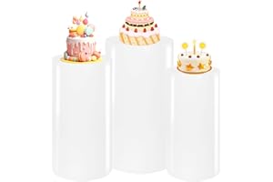JALANCY 3PCS Metal Cylinder Pedestal Stands for Party White Round Dessert Tables Pedestal Display Plinth Pillars for Birthday Wedding Baby Shower Art Decor（Small）