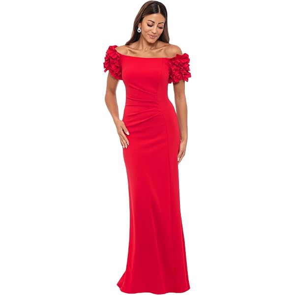 Robe De Soirée Xscape Loretta En Crêpe, Couleur Pin, épaules Dénudées Avec Volants - Taille 8, Neuve