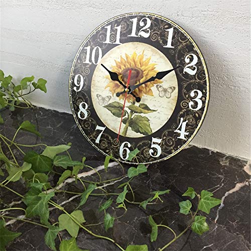 Qukueoy Sunflower Wood Wall Clock Decor (Black, 10inch)