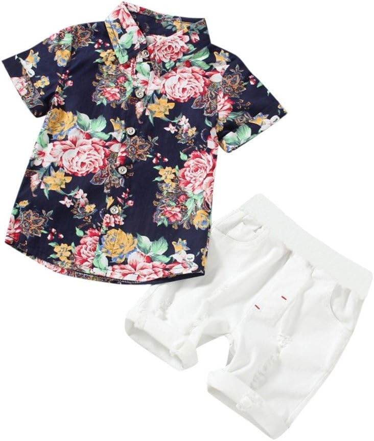 Elleddy 2PCs Toddler Kids Baby Boys Flowers Print Tops+Shorts Outfits Clothes Sets